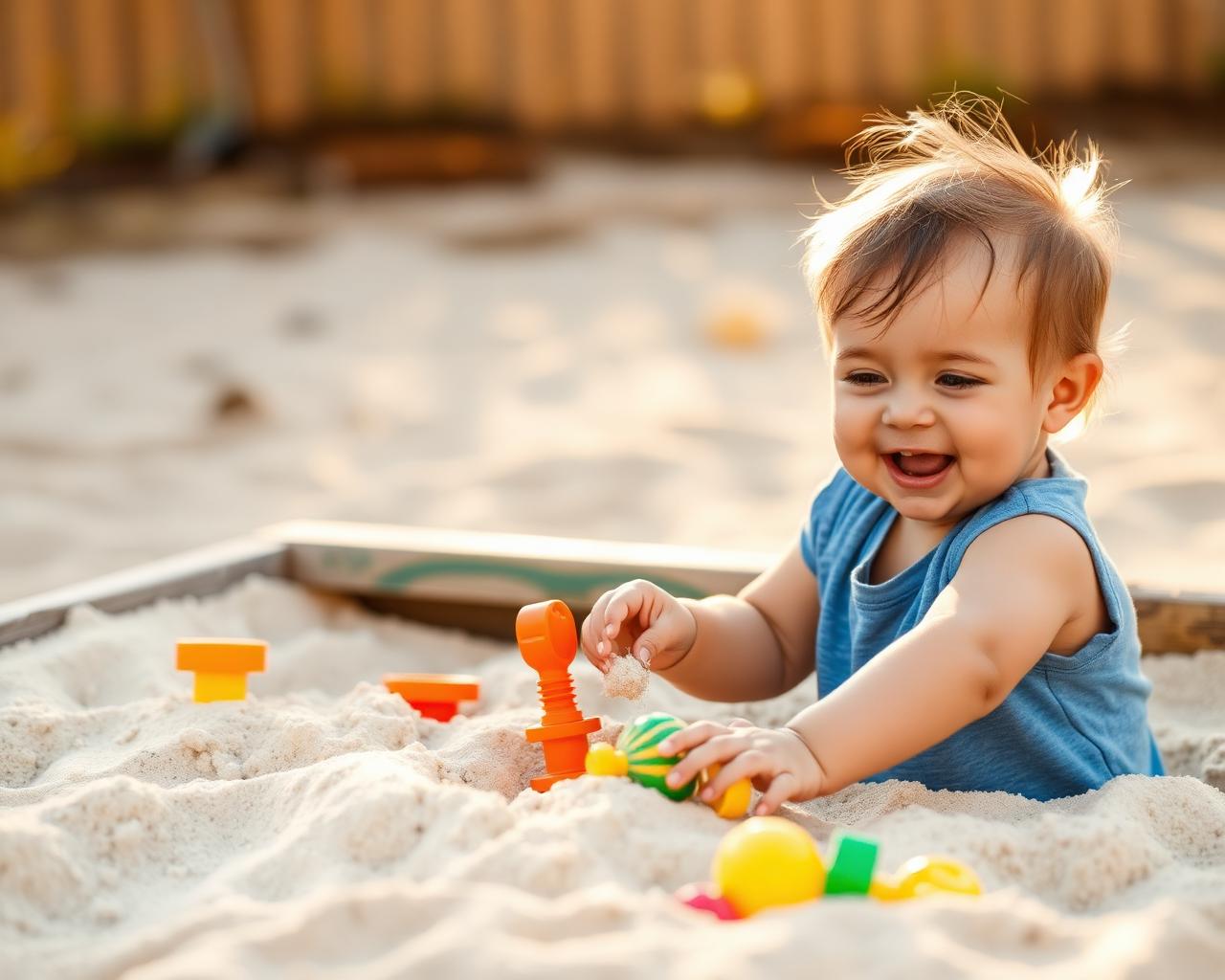 Happy toddler playing in a sandbox with colorful toys